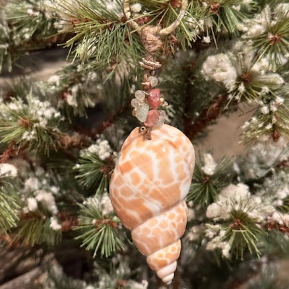 NATURAL Babylonia Japonica SHELL ORNAMENT w/ Sea Glass & Beads ... Gorgeous!
